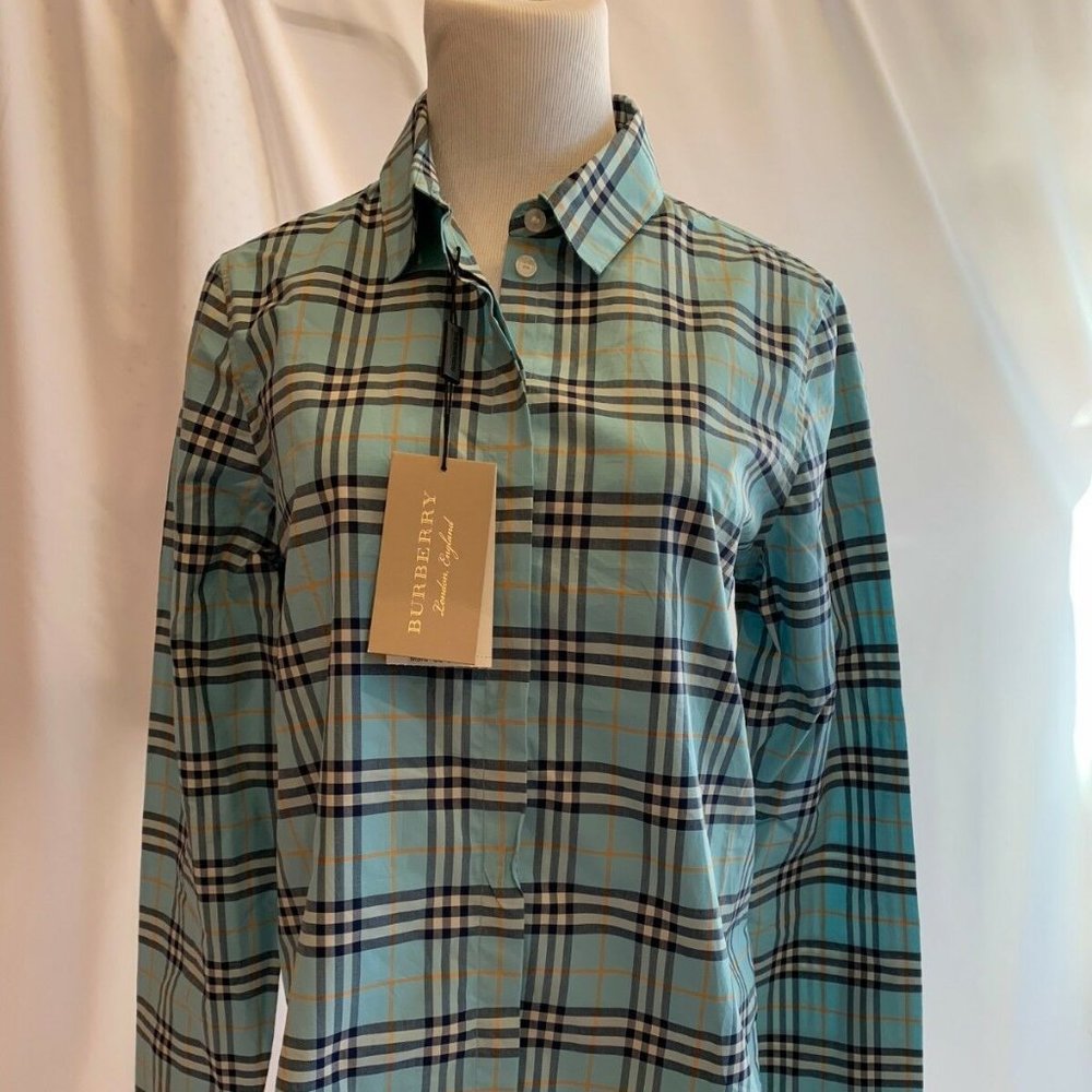 Burberry London Womens Crow Plaid Shirt Blouse Size SMALL NWT Bright Aqua $350
